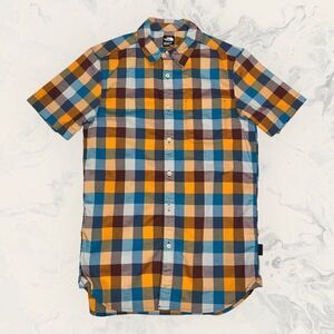 The North Face Men’s Small Plaid Short Sleeve Orange Blue Button Up Size Small